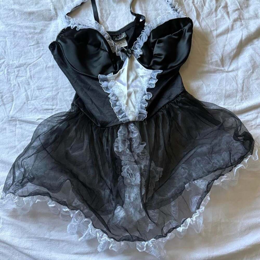 Frederick's of Hollywood Vintage Black Satin Teddy Size M